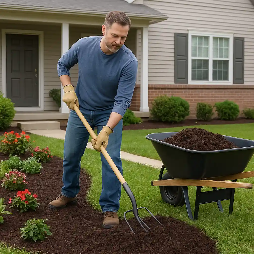 Homeowner spreading purchased mulch around beds using a wheelbarrow and rake