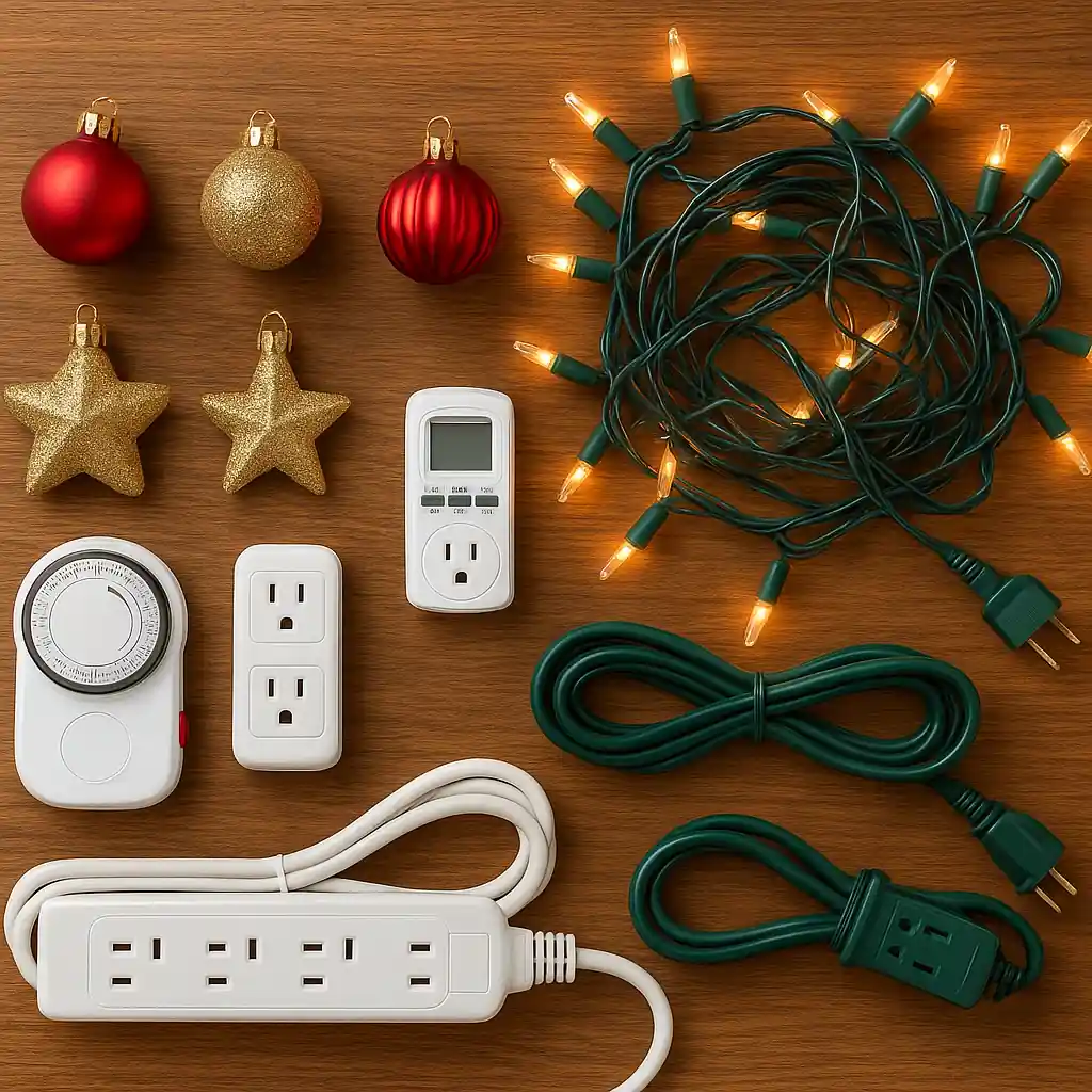 assortment of ornaments, LED lights, and timers laid out for quality check before purchase