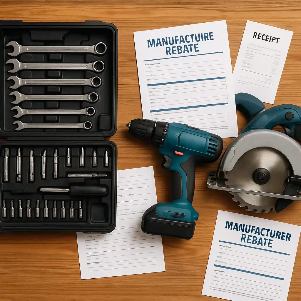 Power tools on a bench with receipts and rebate paperwork for stacking discounts