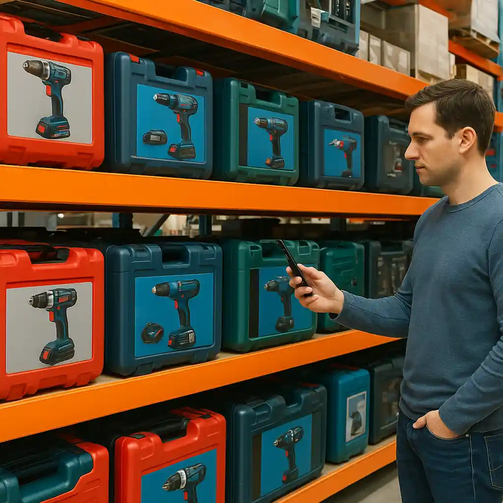 Customer comparing power tool kits in a store aisle during a big sale event