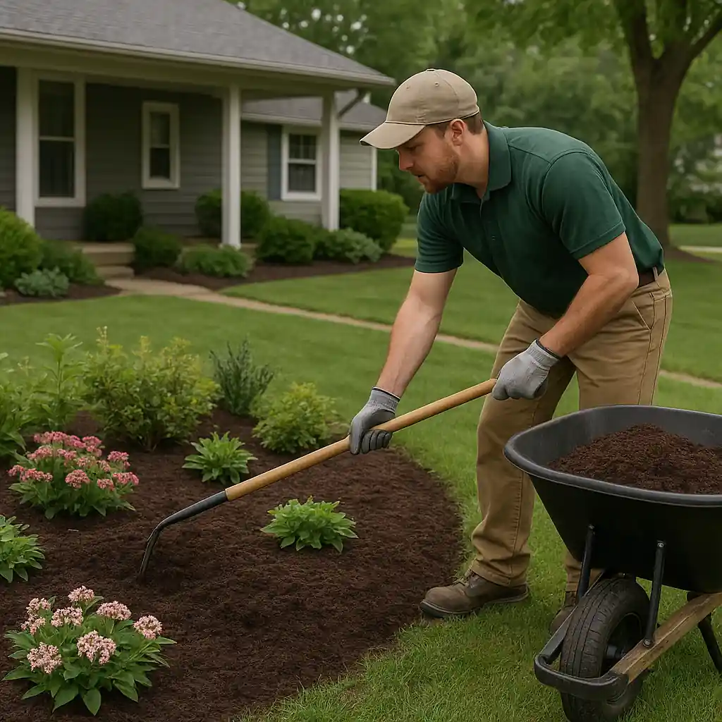 Gardener spreading new mulch around a flower bed using a wheelbarrow and rake