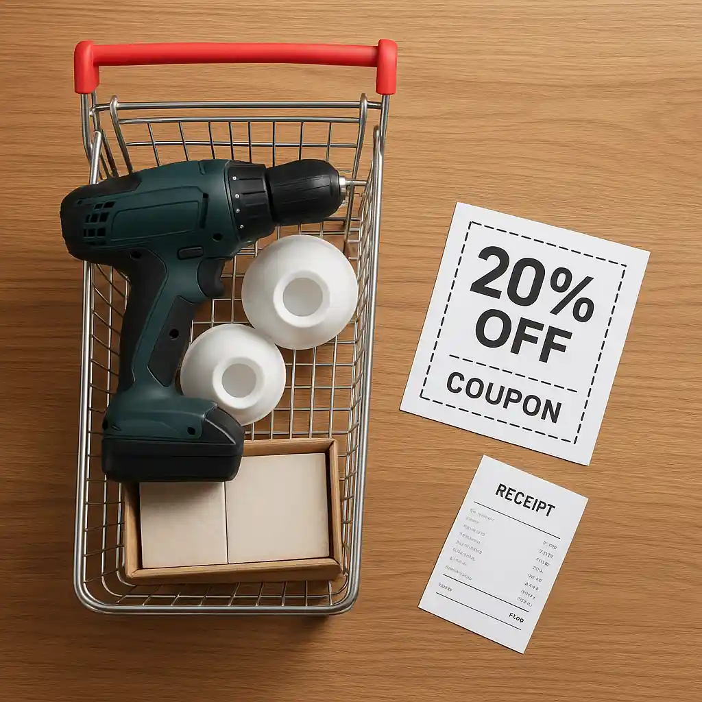 Shopping cart items beside a printed coupon and receipt for home improvement purchases