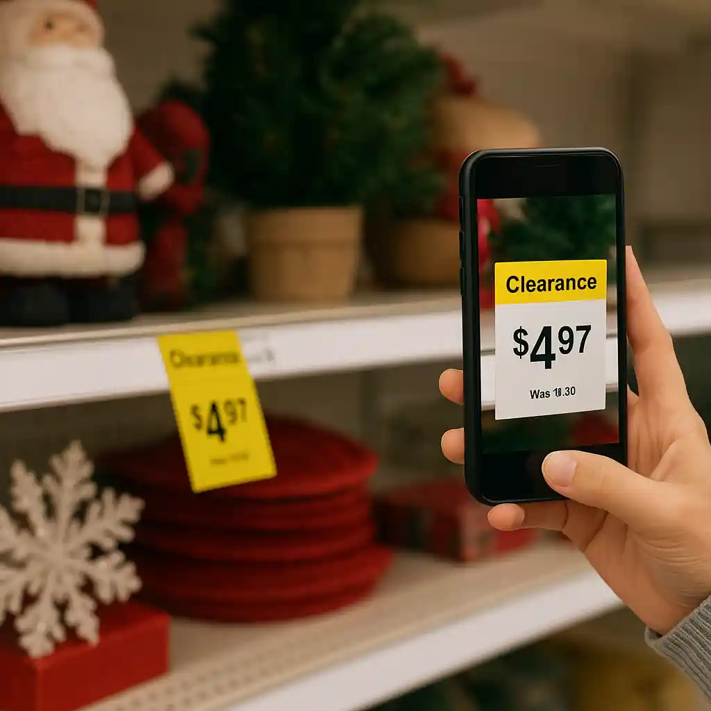 Holiday decor clearance showing home depot penny deals on shelf tags