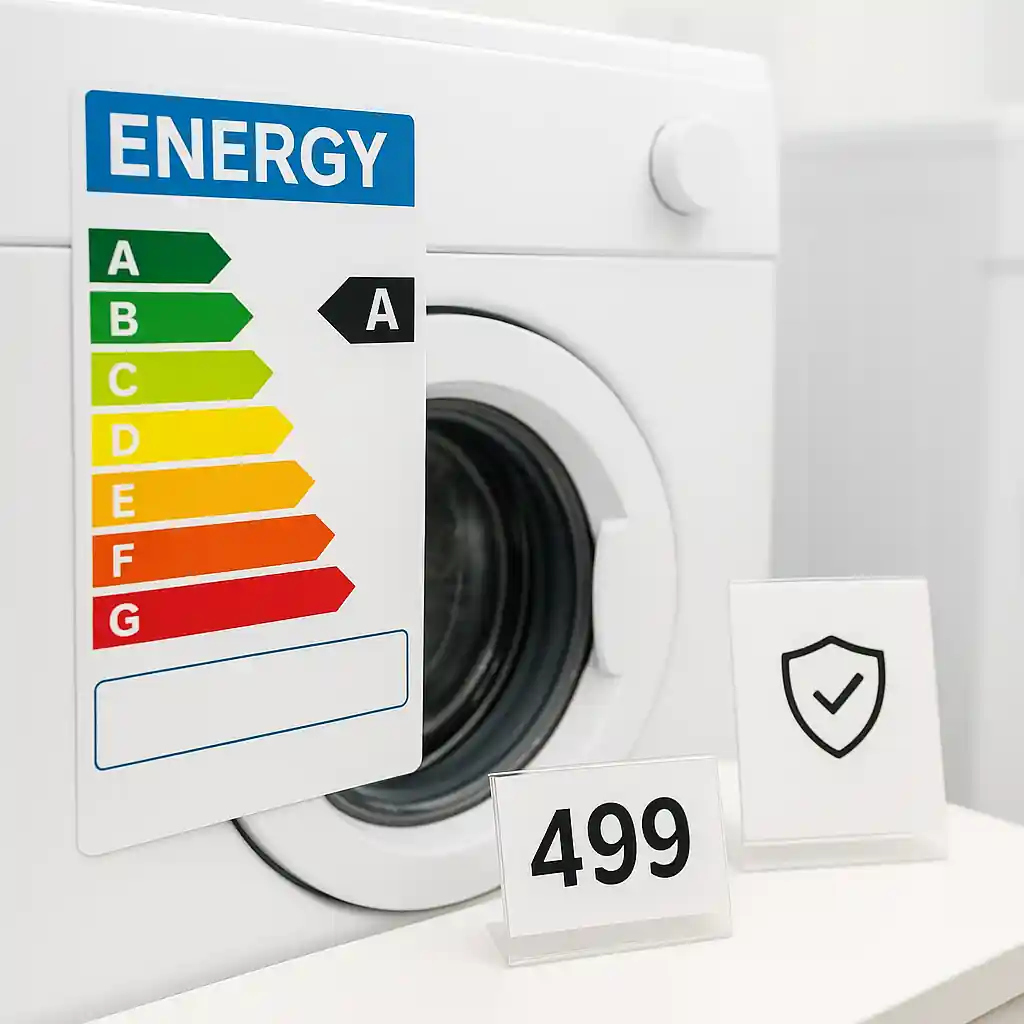 Close-up of energy rating and price tag on a washing machine to check efficiency before purchase