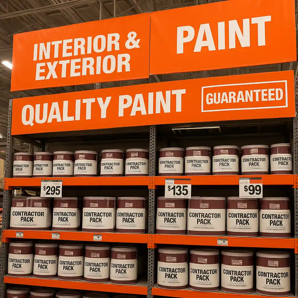 Home Depot paint aisle showing contractor packs on sale with promotional banners