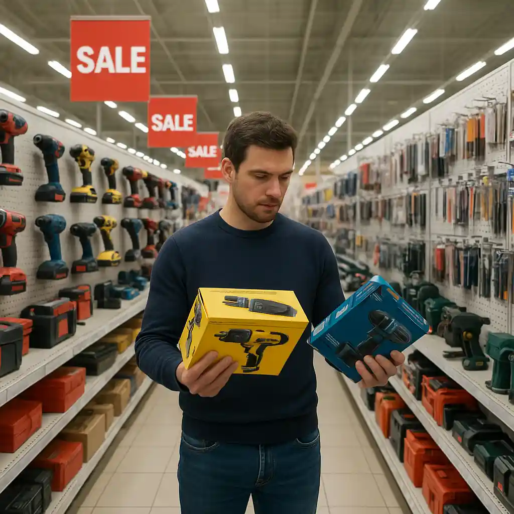 Customer comparing discounted power tools featured in a weekly sale ad display