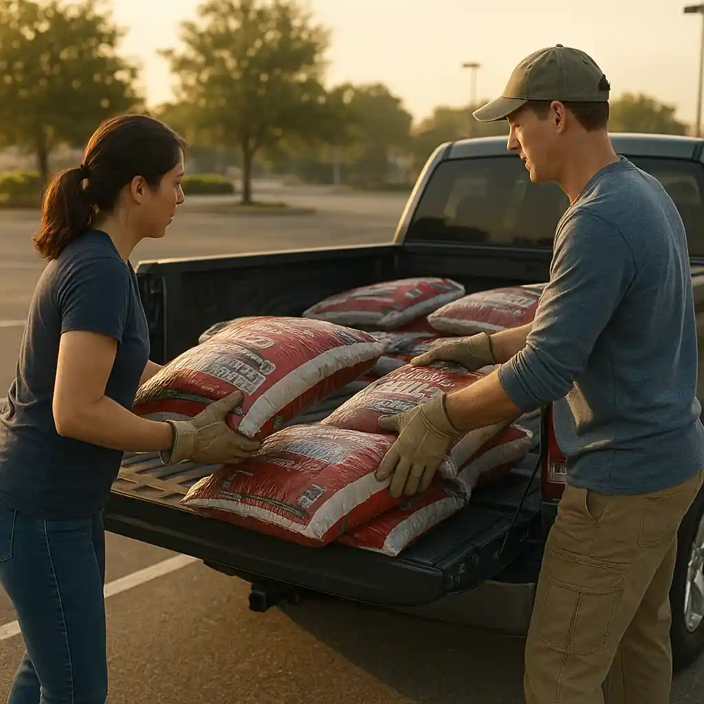 Two people loading purchased mulch bags into a truck after scoring a Home Depot mulch sale 5 for $10 promotion