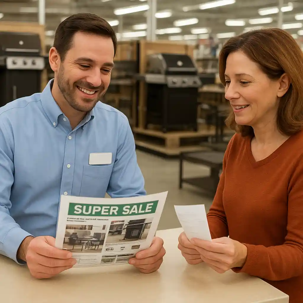 Customer and store manager reviewing competitor ad and Home Depot receipt for a potential price match