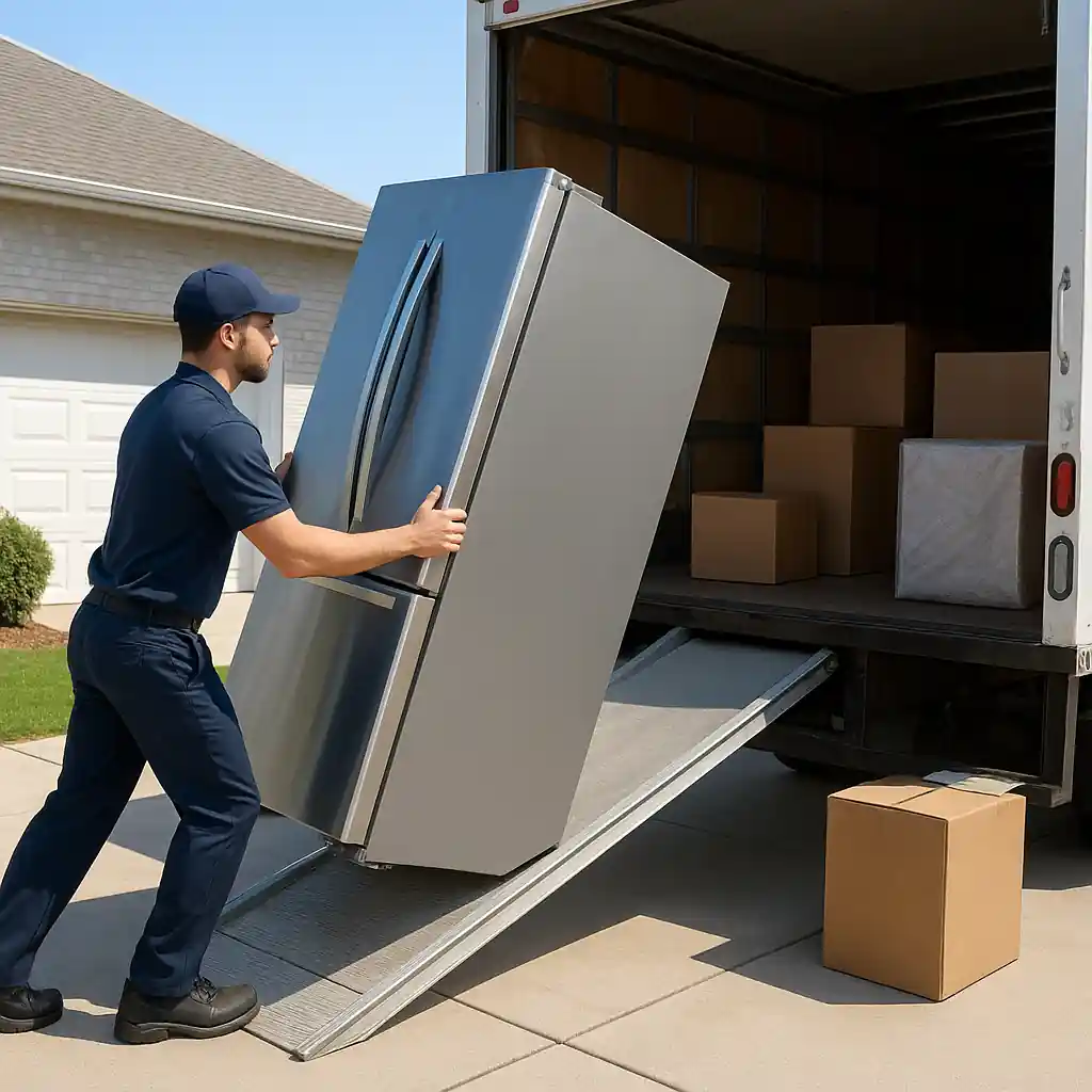 Delivery technician loading a discounted stainless steel refrigerator for home delivery after a Labor Day sale