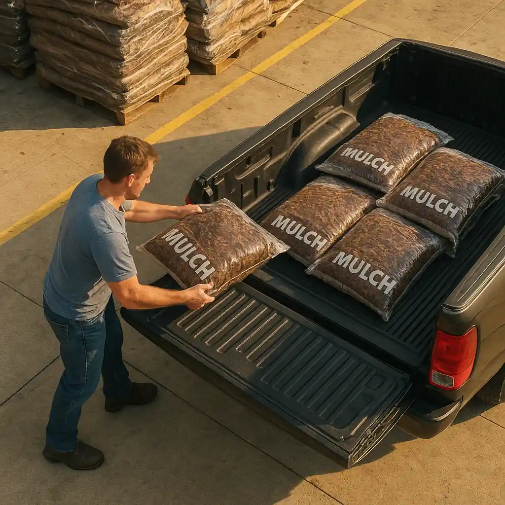 Homeowner loading purchased mulch bags into a truck after the Home Depot mulch sale