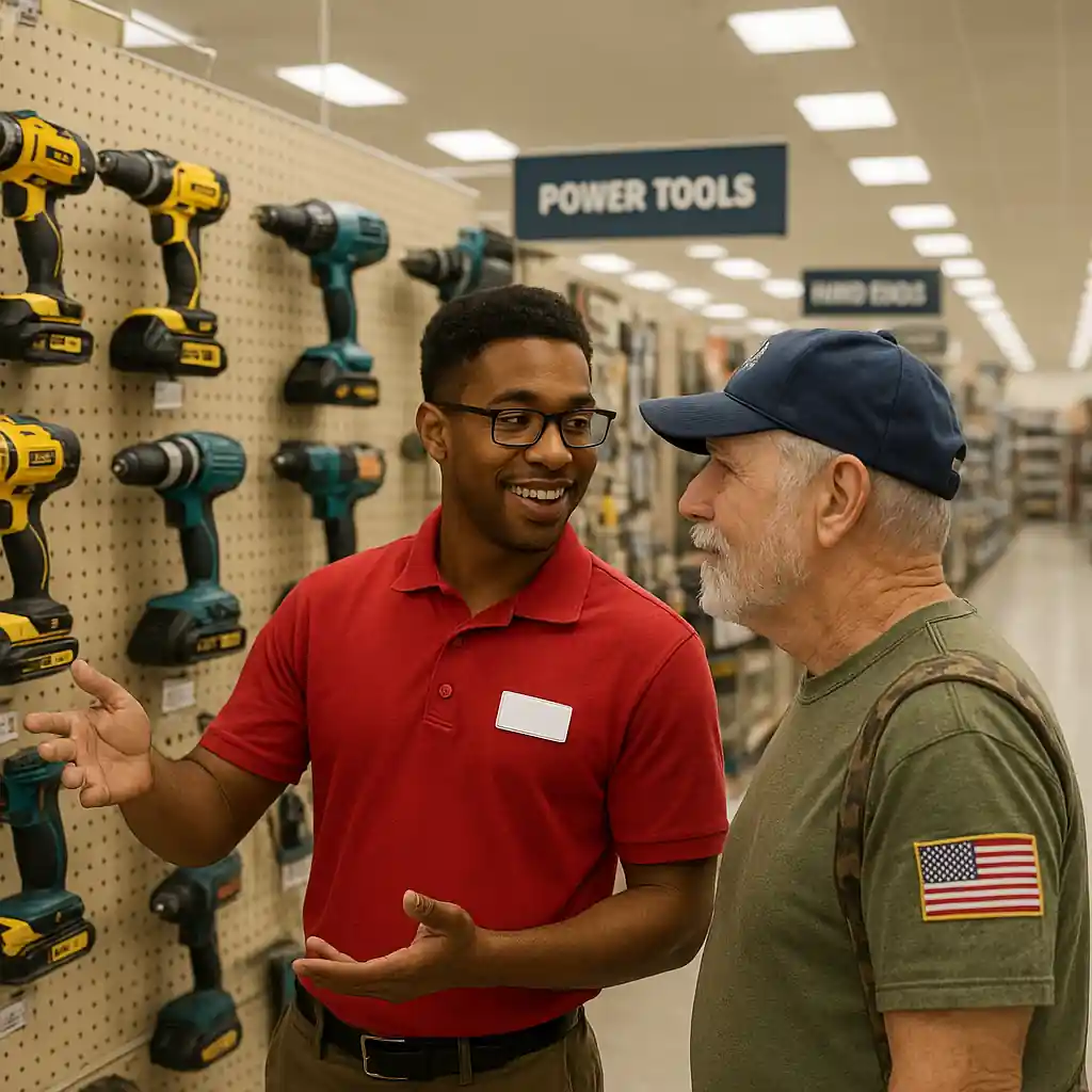 Store associate advising a veteran in the power tools aisle at Home Depot