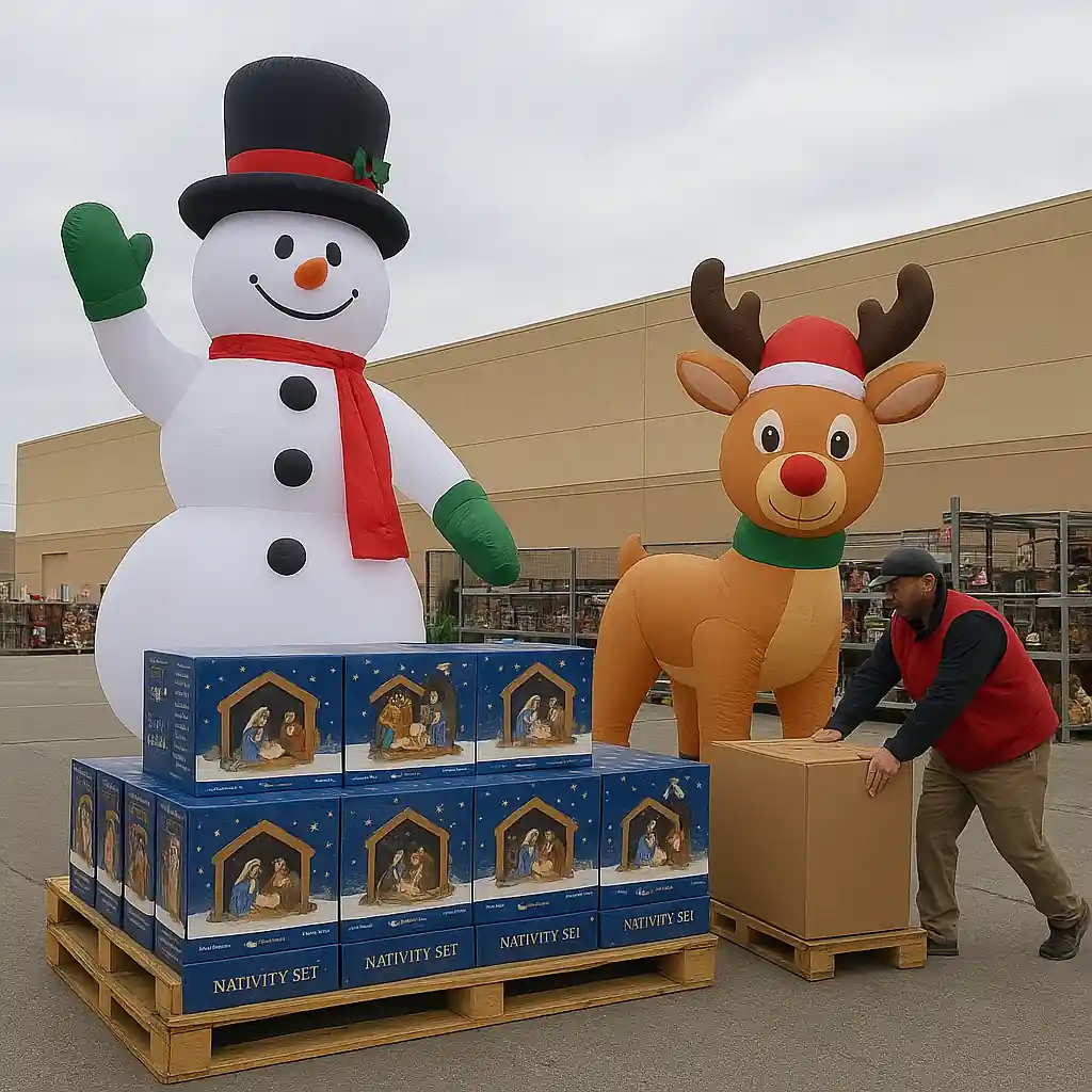 Outdoor holiday displays including inflatables and boxed yard décor staged for seasonal clearance