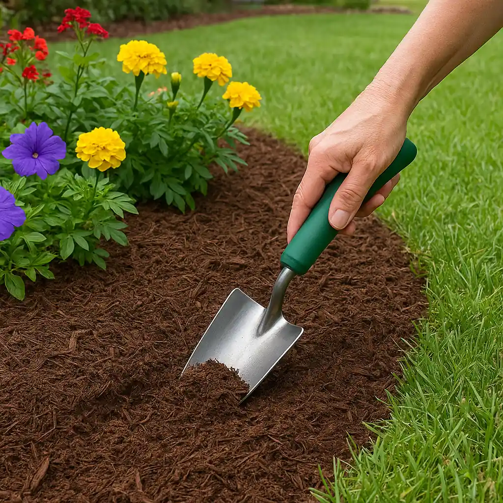 Gardener checking mulch depth beside flower bed to ensure proper coverage and avoid over-application