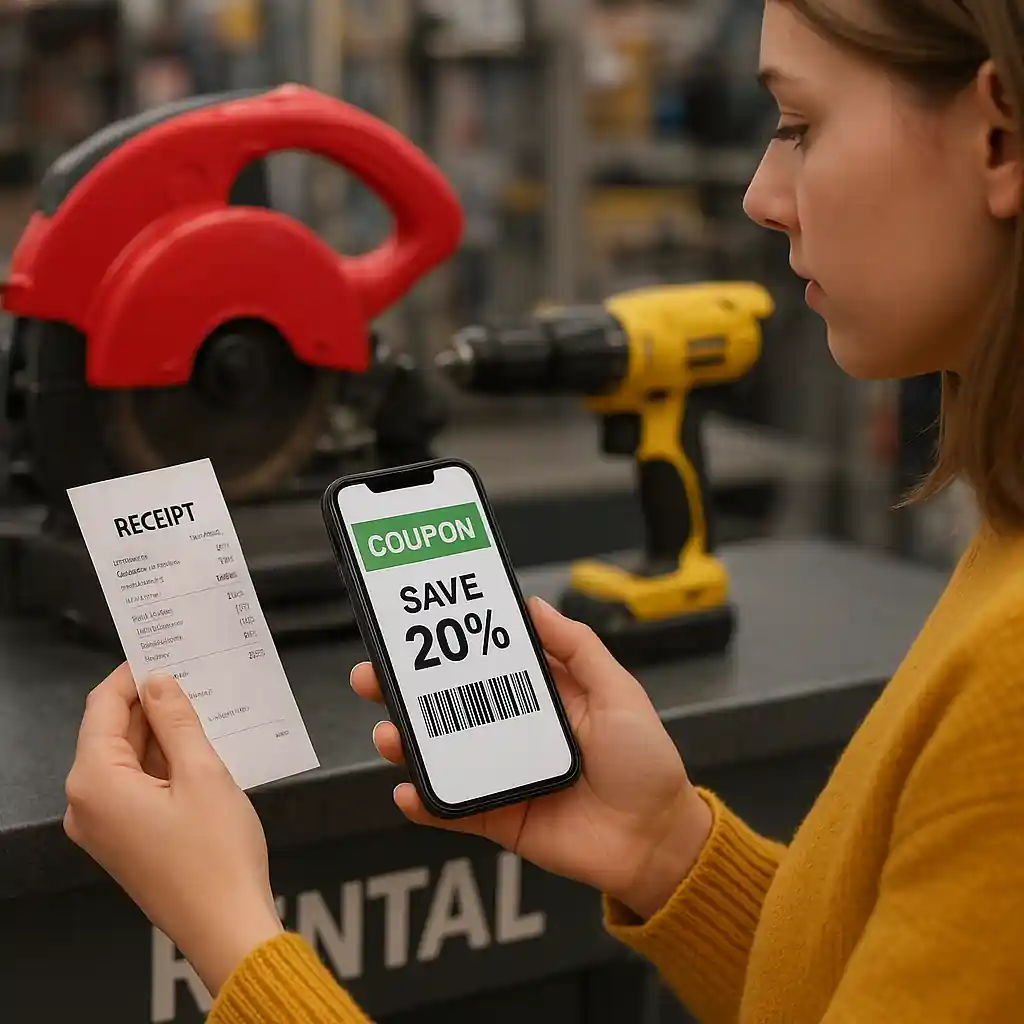 Student comparing receipt and coupon at a tool rental counter