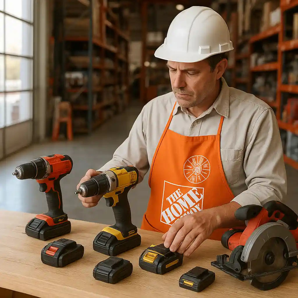 Contractor inspecting power tool bundles and batteries in store
