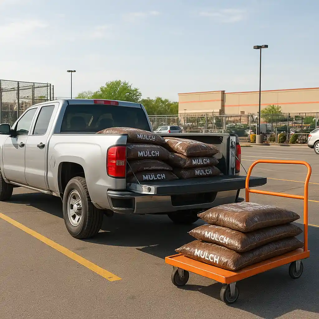 Pickup truck loaded with multiple mulch bags from Home Depot garden center