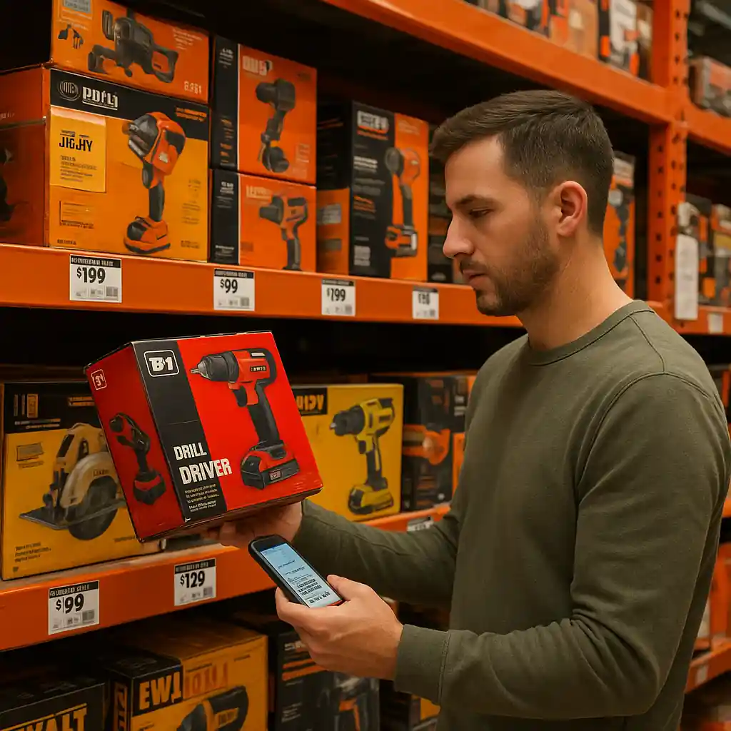 Shopper using a phone to verify a coupon while comparing tools in a Home Depot aisle