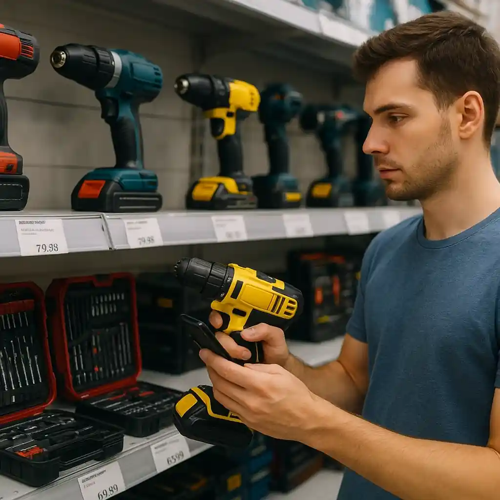 Student comparing power tools and prices in a home improvement aisle