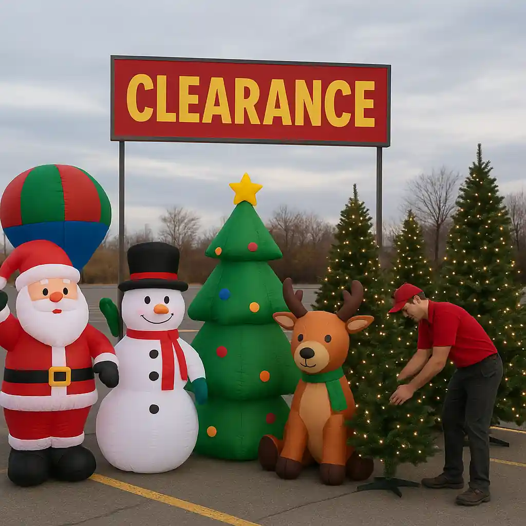 Outdoor holiday display with inflatable decorations and clearance signs at a Home Depot parking lot