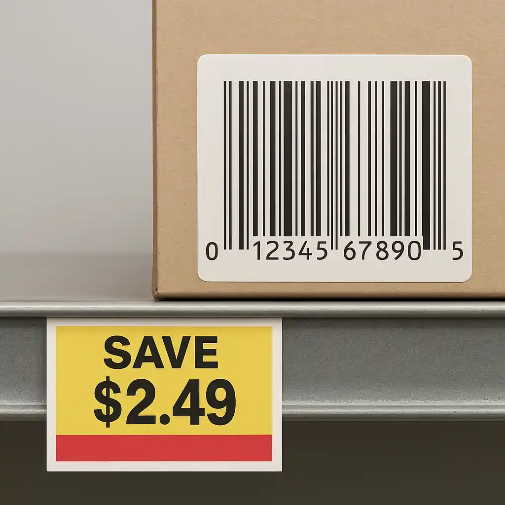 Product UPC barcode next to a discounted Home Depot shelf tag used to identify penny deals