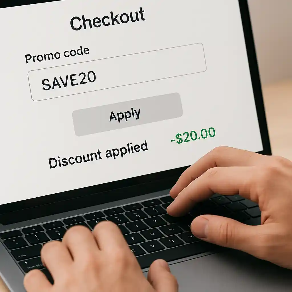 Hands typing a Lowes promo code into an online checkout field showing a discounted order total