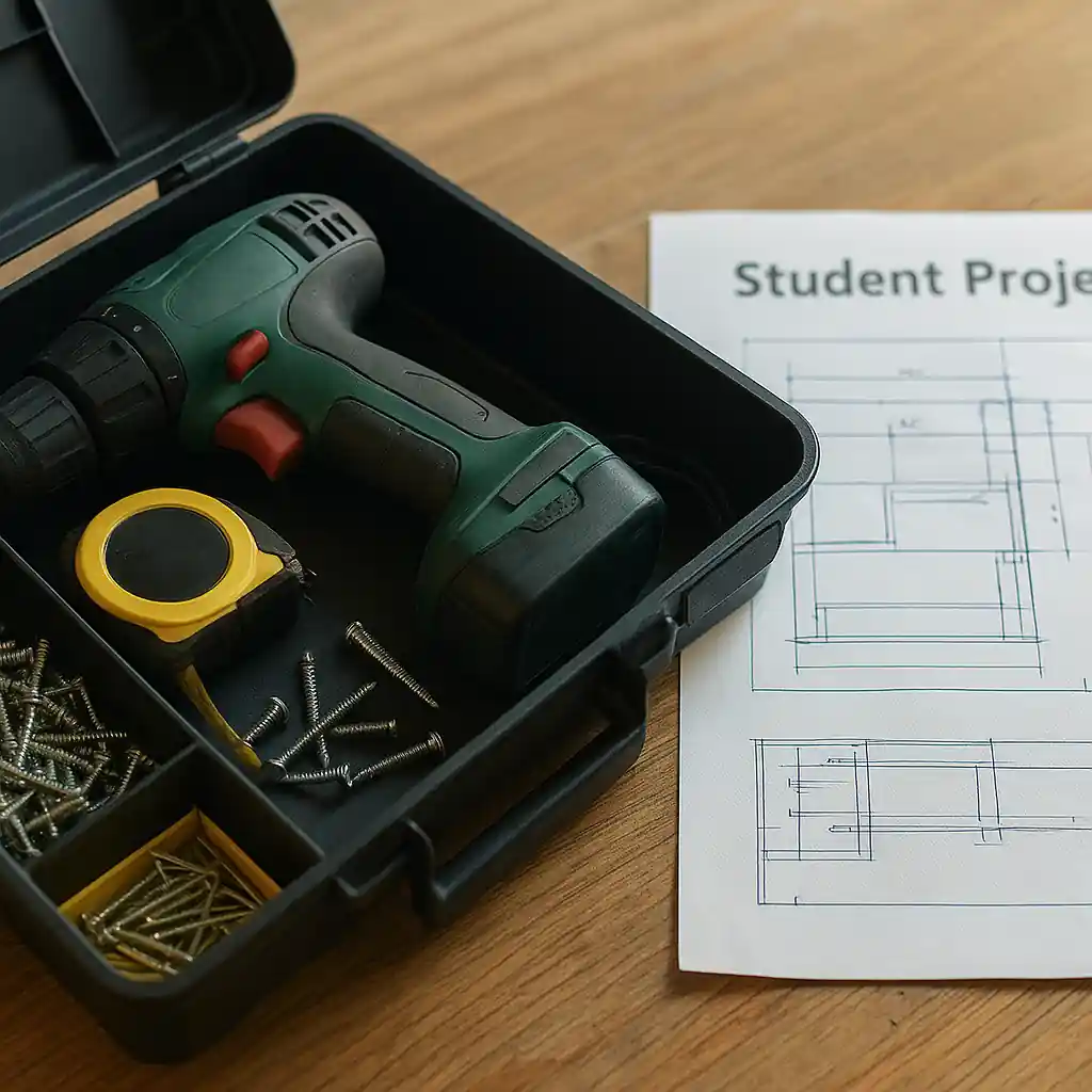 Open toolbox with drill and project blueprint on a wooden table