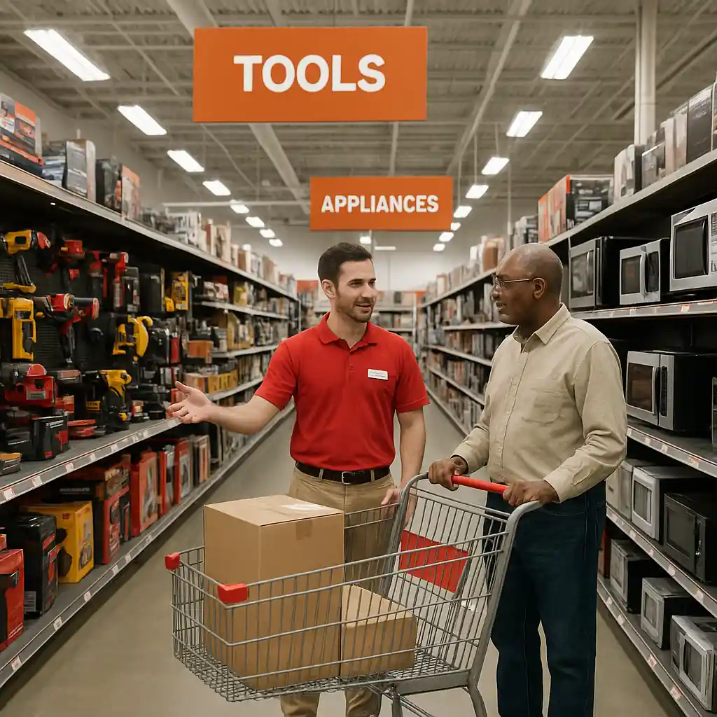 Customer and sales associate in a hardware store aisle near tools and appliances
