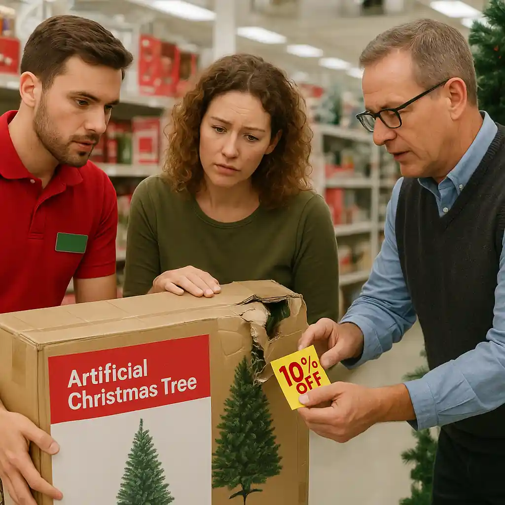 In-store markdown: associate placing a clearance price sticker on a boxed Christmas tree
