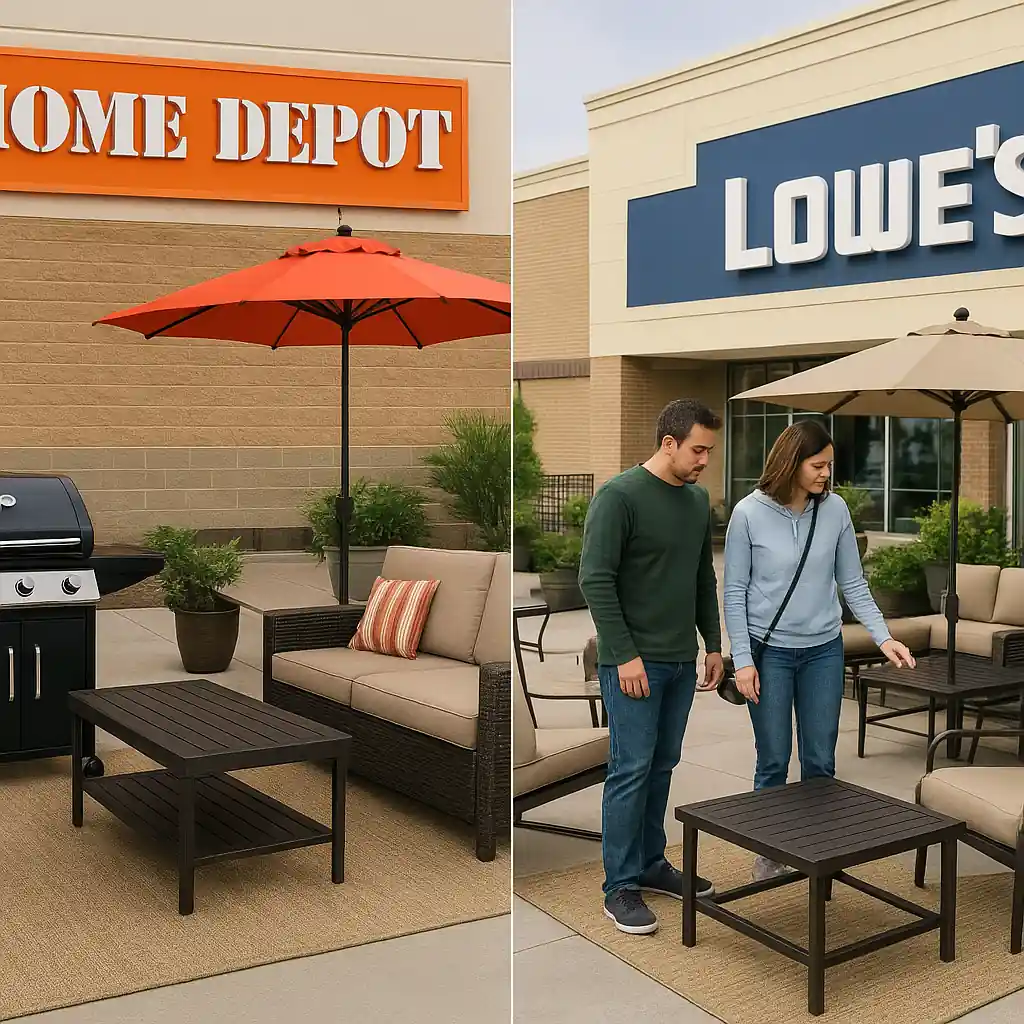Customers comparing outdoor grill and patio displays between two big-box stores