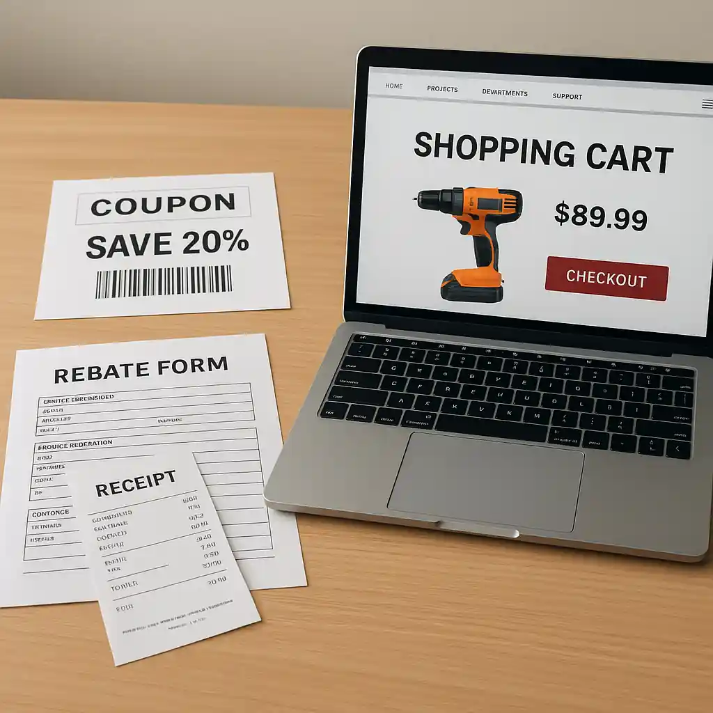 Receipts, printed coupon and rebate form next to a laptop showing an online shopping cart