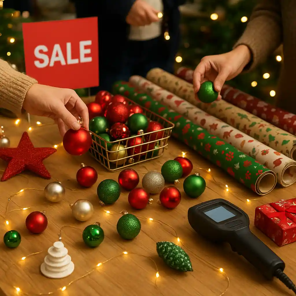 Shoppers examining discounted ornaments and string lights on a clearance display