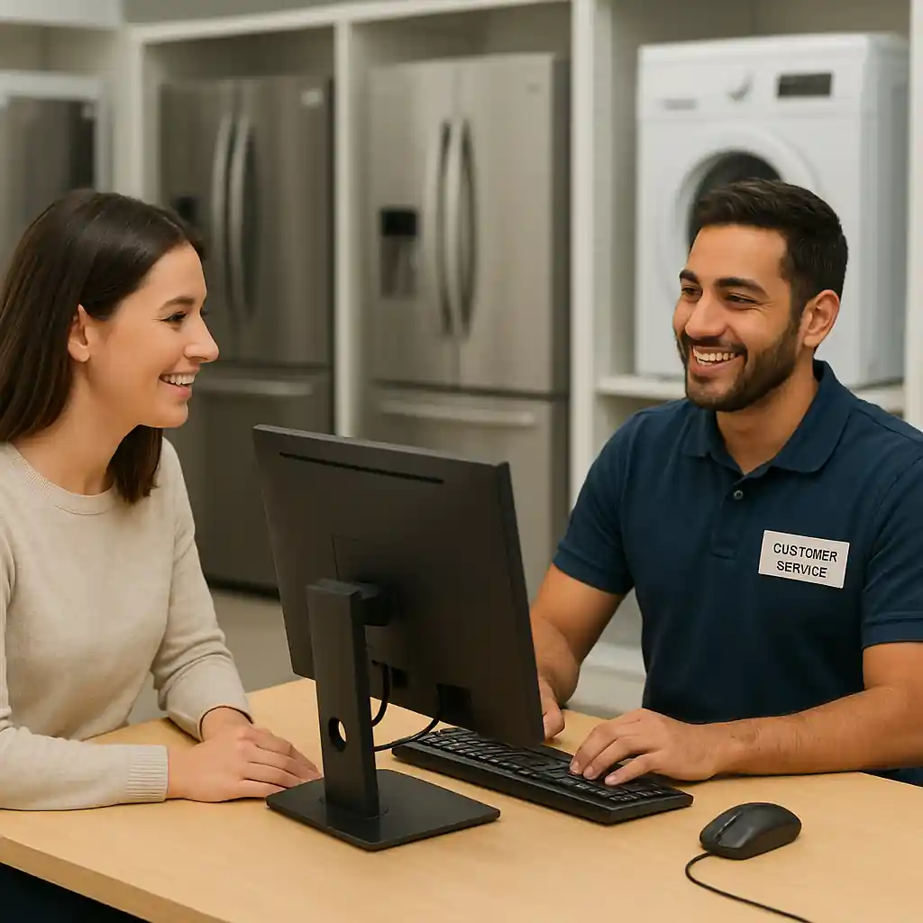 Customer service associate helping a shopper troubleshoot a promo code at the service desk