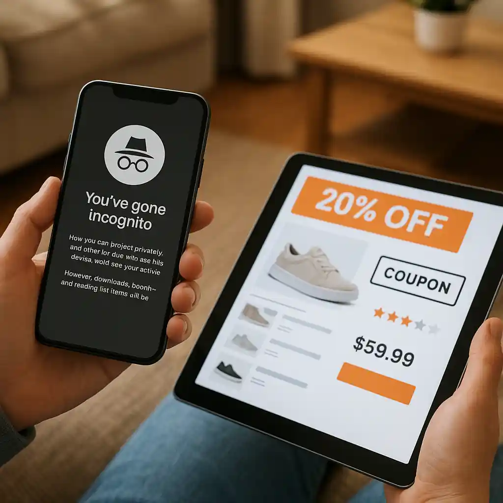 User testing a coupon in an incognito browser on a smartphone while referencing another device
