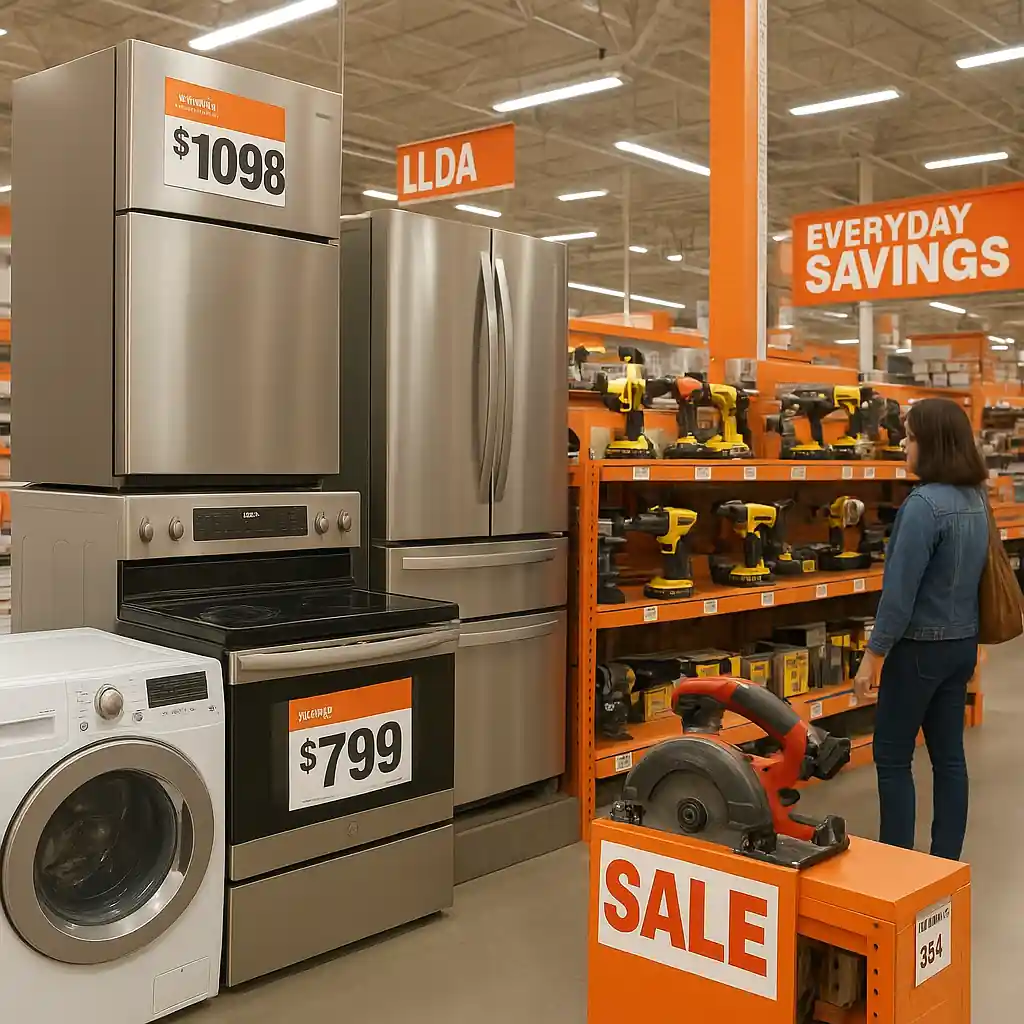 Home Depot store aisle with appliances and tool displays marked for Labor Day sale