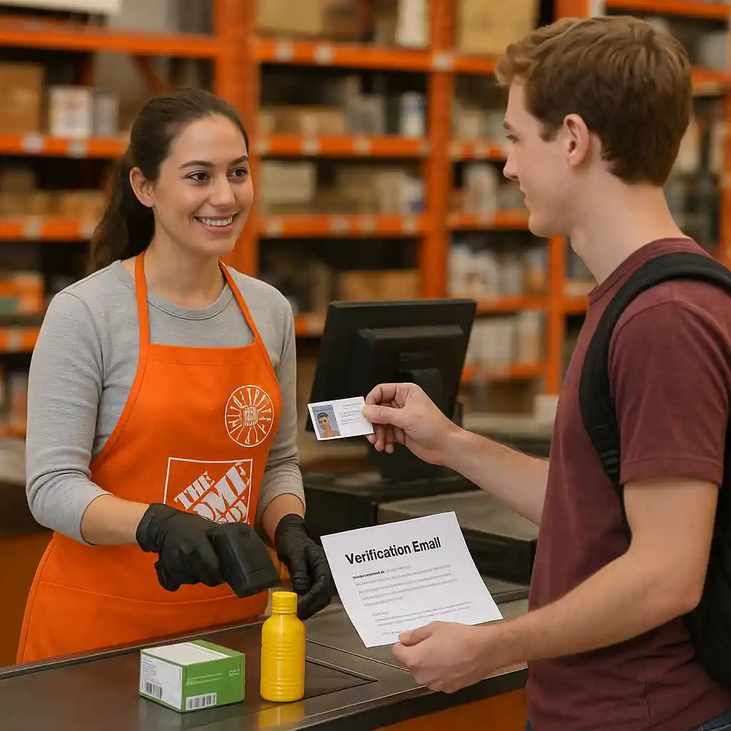 Home Depot checkout with student presenting ID and verification email at the register