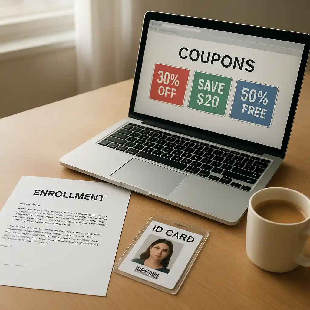 Enrollment letter, student ID and laptop showing coupon offers on a desk