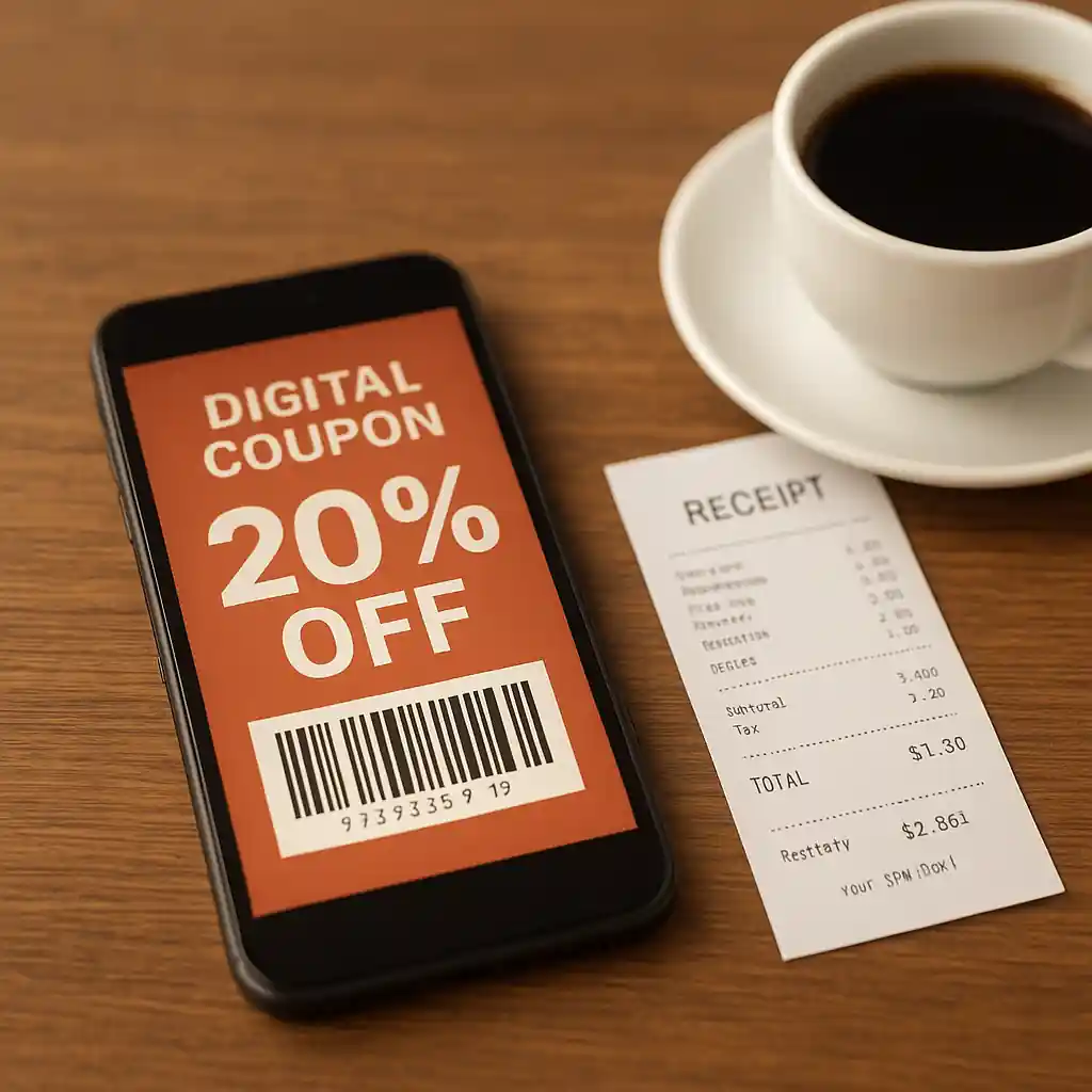 Lowes 20 off coupon displayed on a smartphone screen next to a receipt and barcode