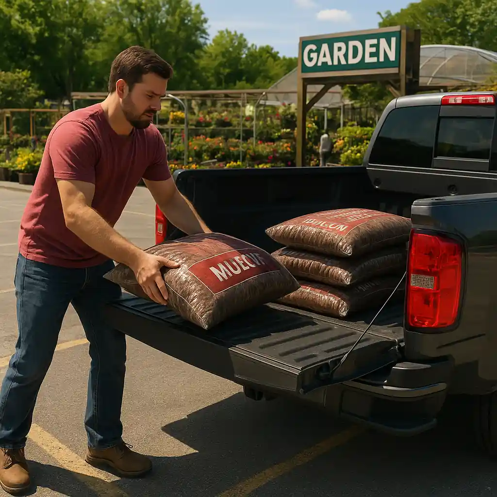 shopper loading purchased mulch into a pickup at a store garden entrance