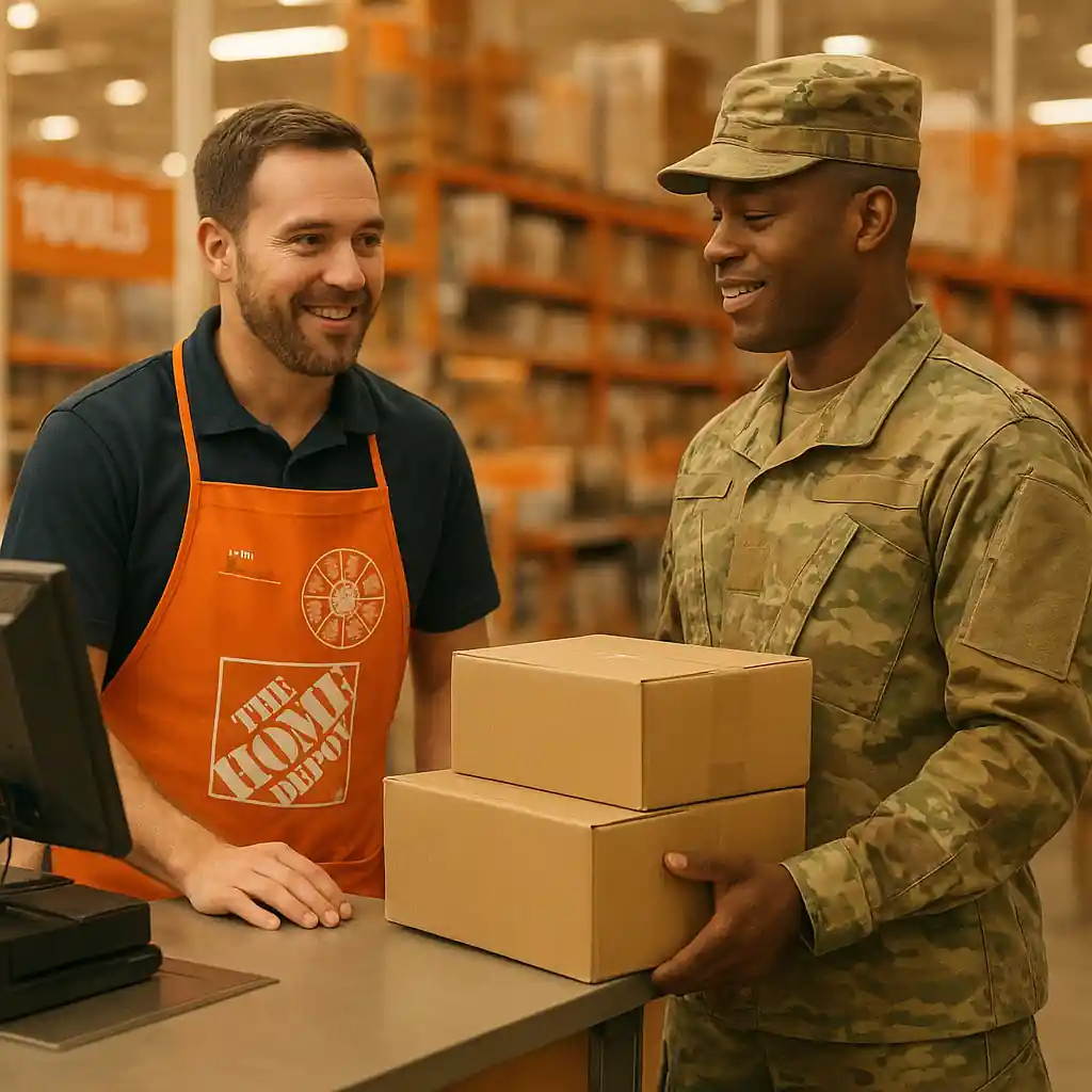 Sales associate helping a service member at Home Depot checkout with supplies