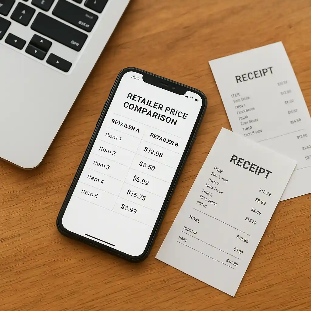 Home shopper using phone and laptop to compare Home Depot and Lowe's Labor Day sale prices