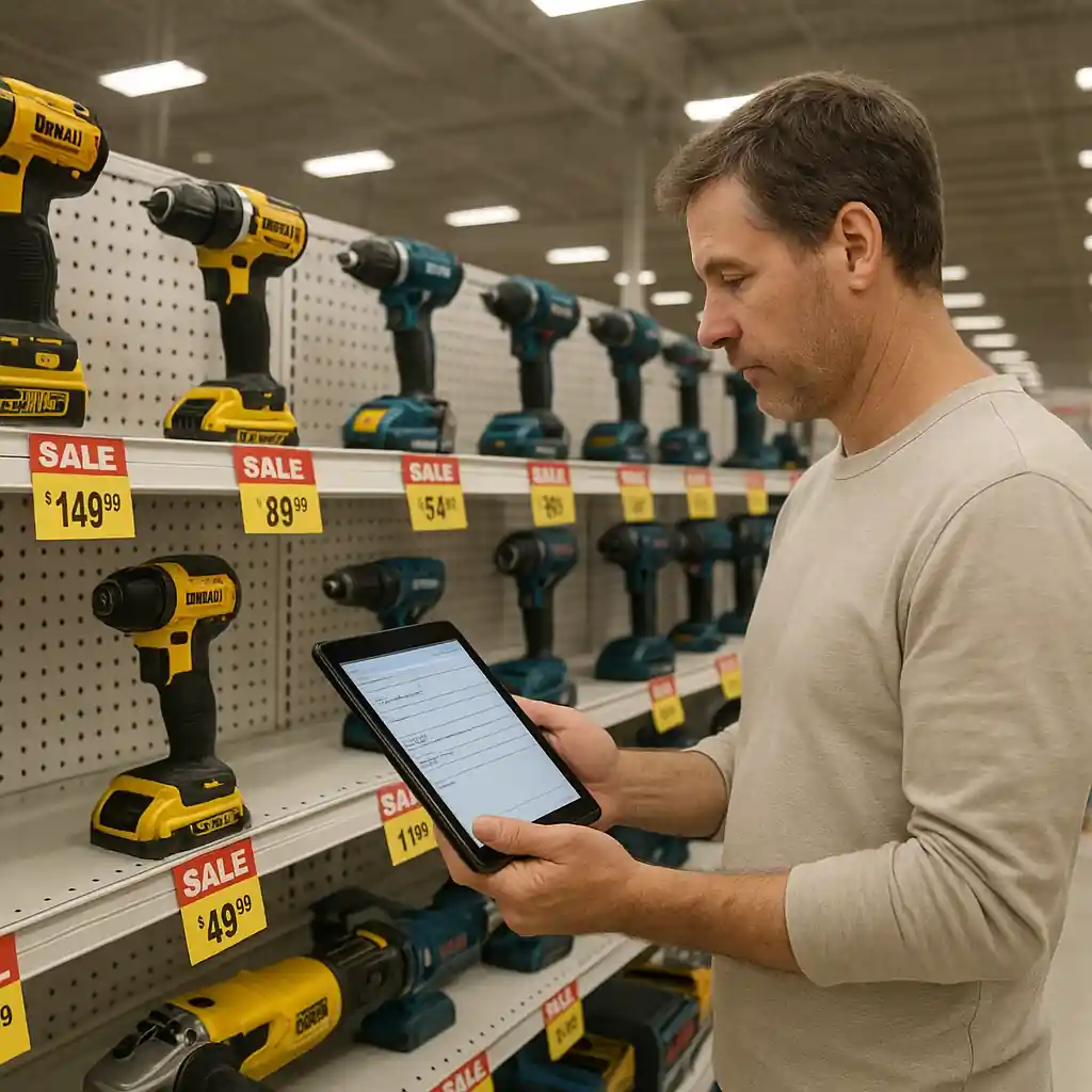 Shopper comparing power tool model numbers in a Home Depot aisle during a weekly sale
