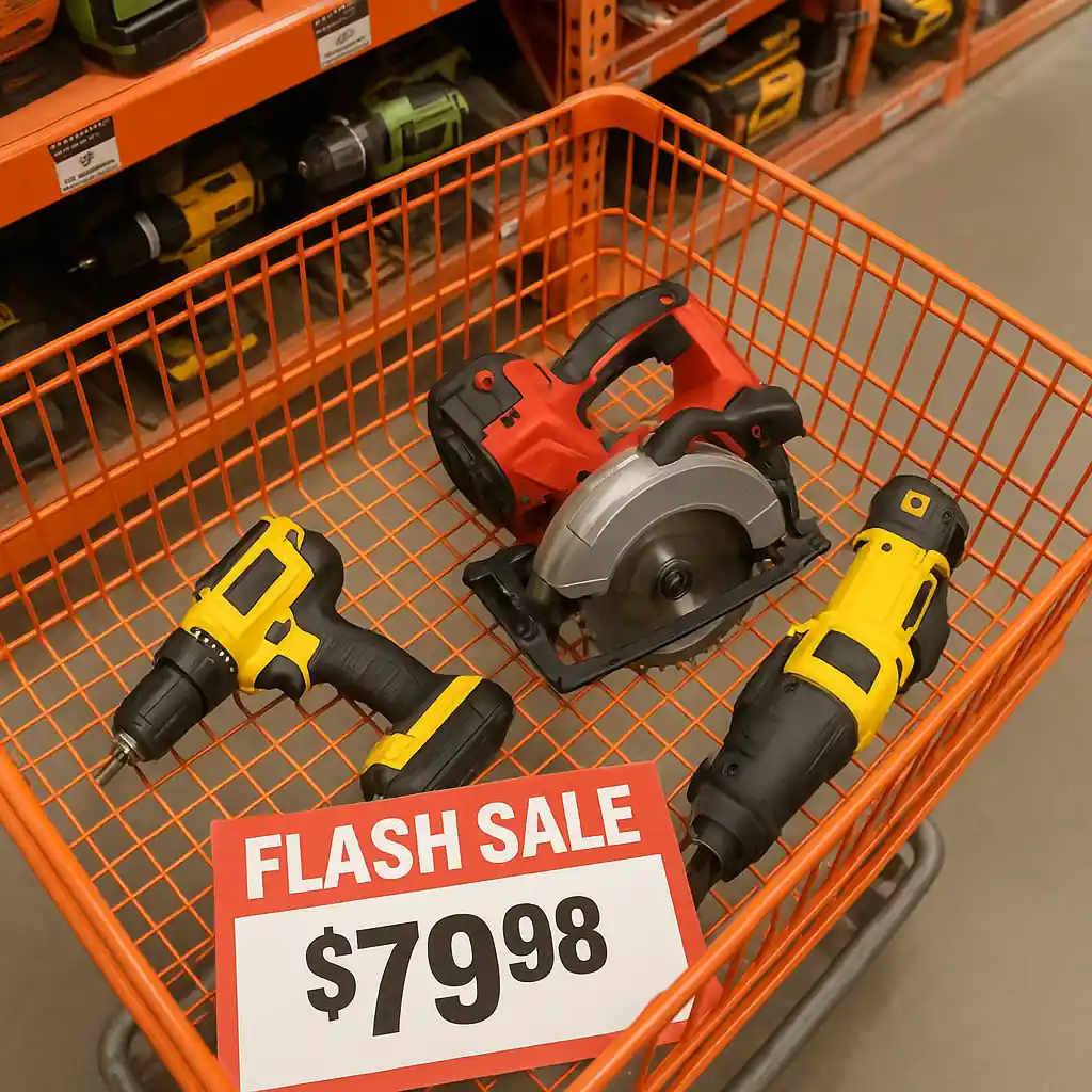 Shopping cart in store aisle filled with discounted power tools from a flash sale
