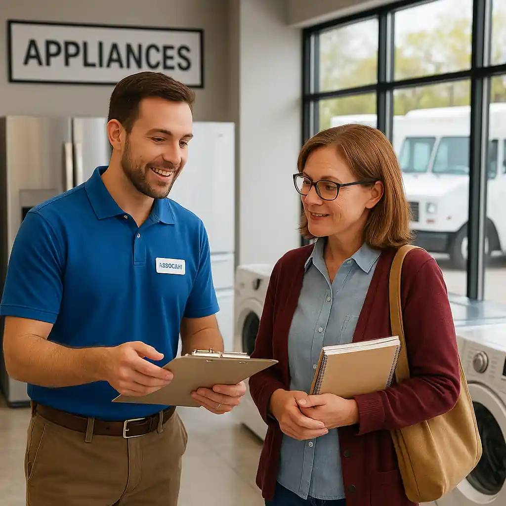 Home Depot associate discussing verification and delivery details with a teacher by appliances