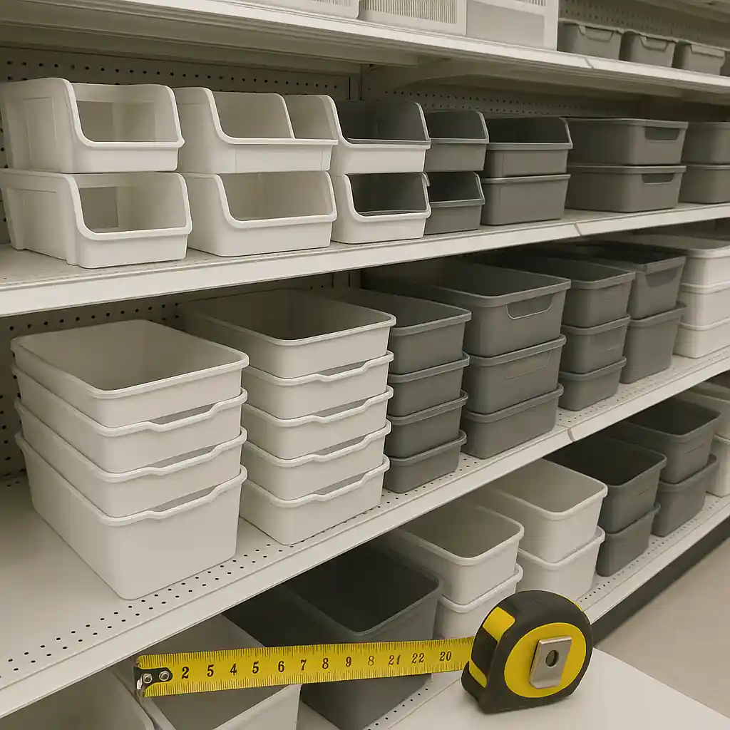Stackable storage bins and shelf organizers with measuring tape for apartment organization