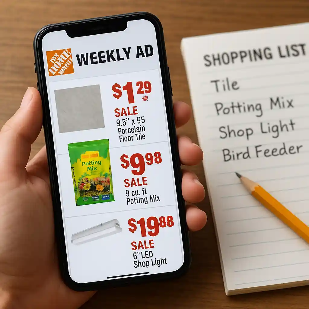 Smartphone open to a Home Depot weekly sale ad in the app next to a written shopping list