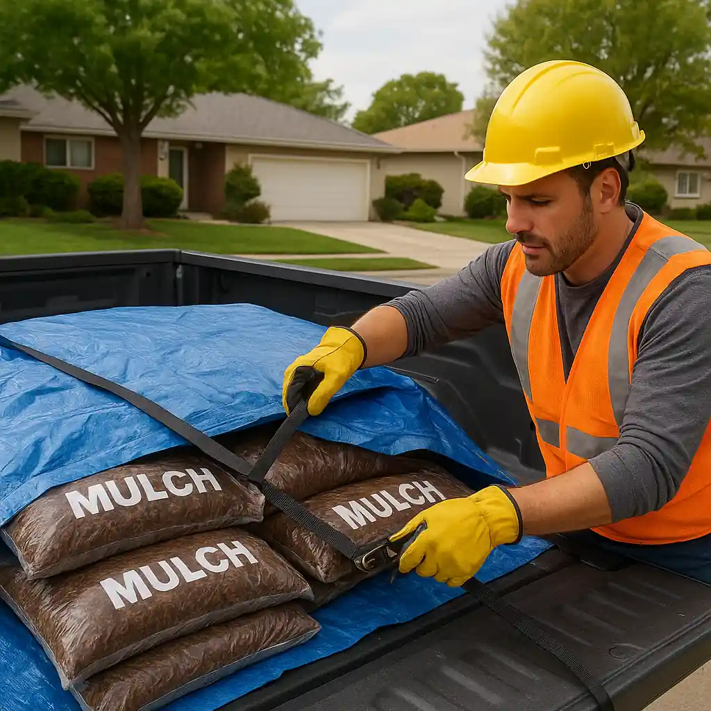homeowner tying down mulch bags in a truck before transporting after Home Depot mulch sale pickup