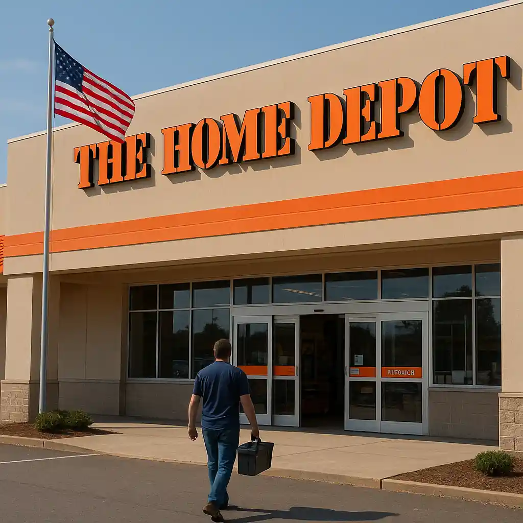 Customer entering Home Depot store beneath flag ready to redeem veterans discount
