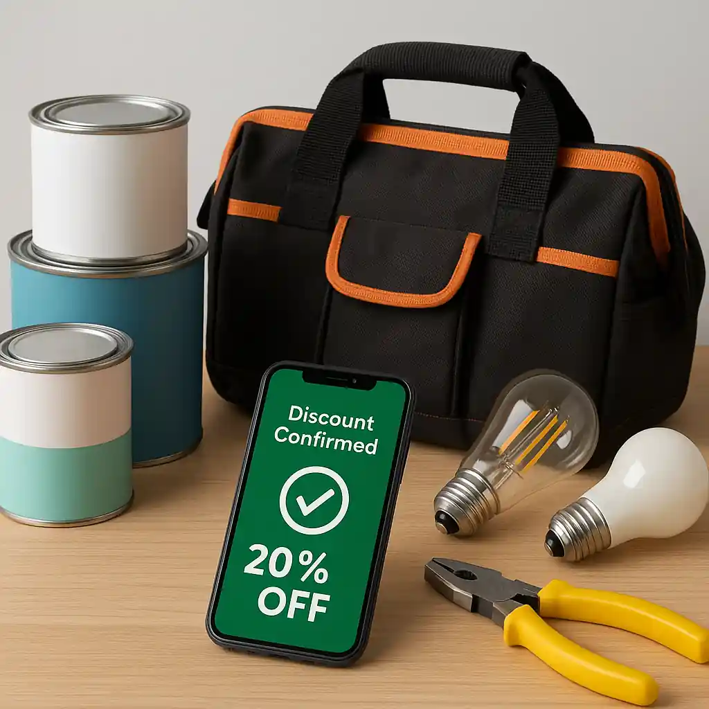 Home improvement items on table with smartphone displaying discount confirmation