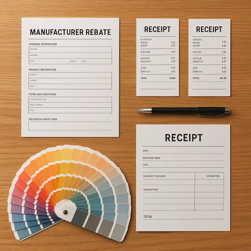 Rebate forms, receipts and color swatches arranged on a table ready for filing paint rebates