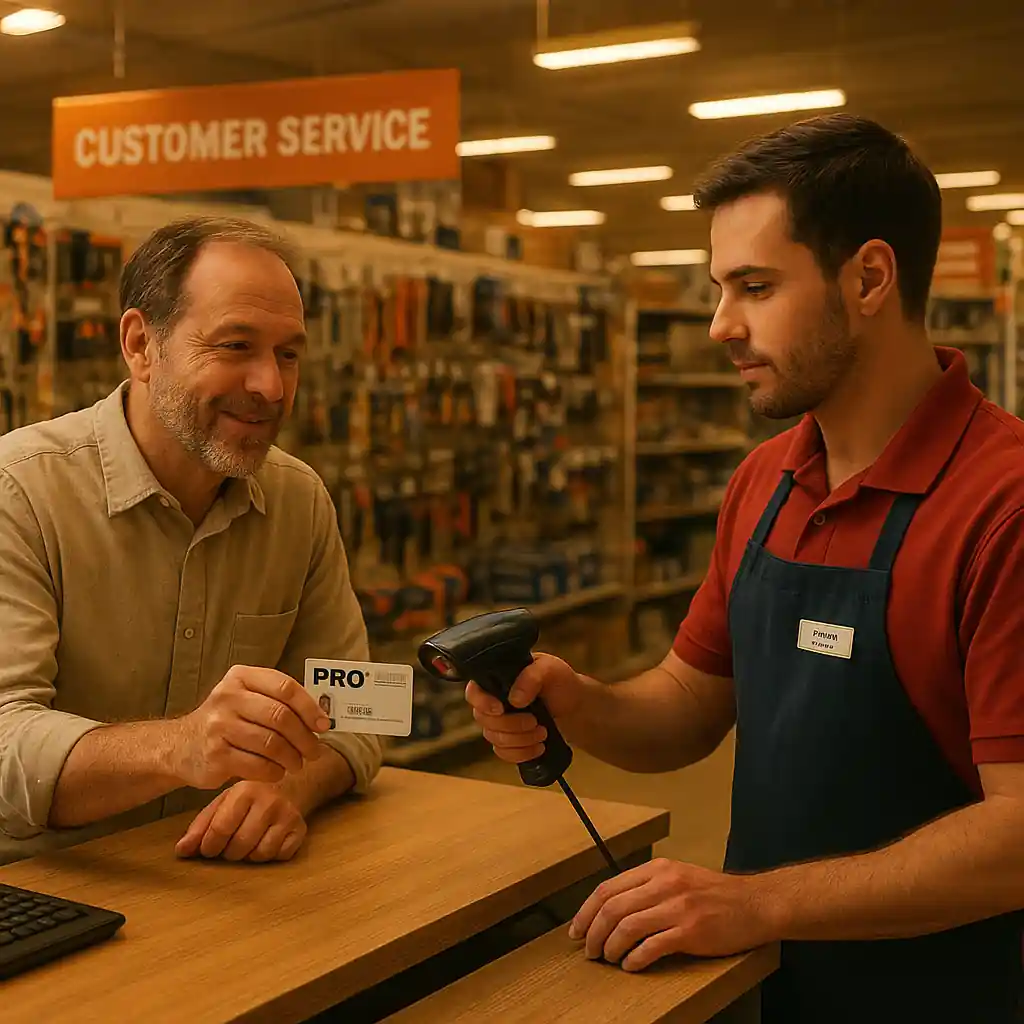 Pro account holder presenting verification while associate scans a deal barcode